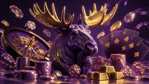 Luxurious casino scene with 3D rendered poker chips, dice, and jewels in a glossy finish, reflecting dual-color palette.